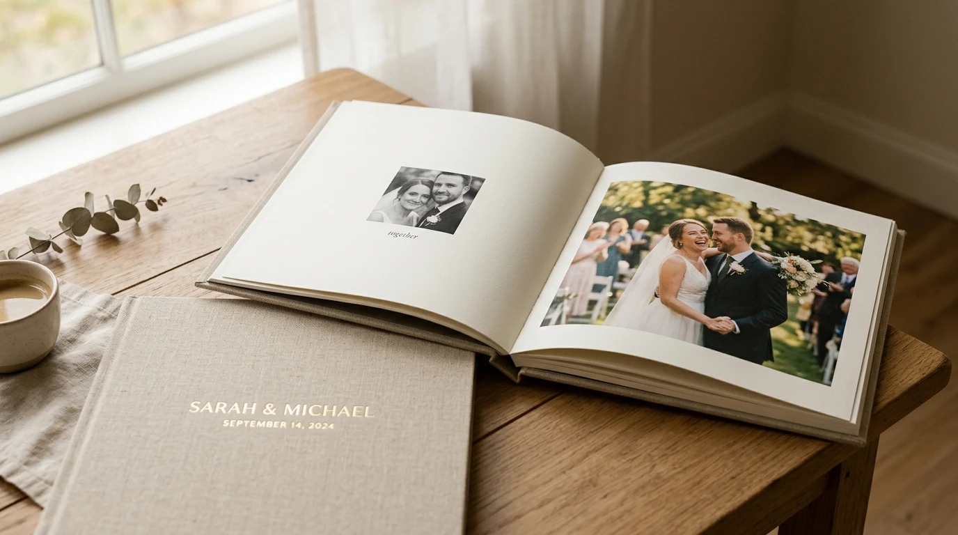 Álbum de casamento Fine Art aberto em mesa de madeira nobre